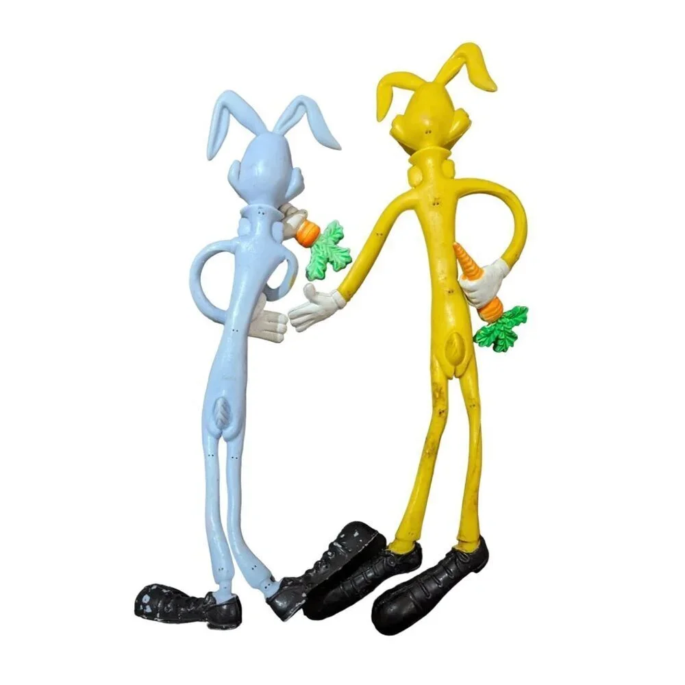 Bendable Cartoon Rabbit Figurines - Vintage 1990s Toy Pair with carrots Yellow b